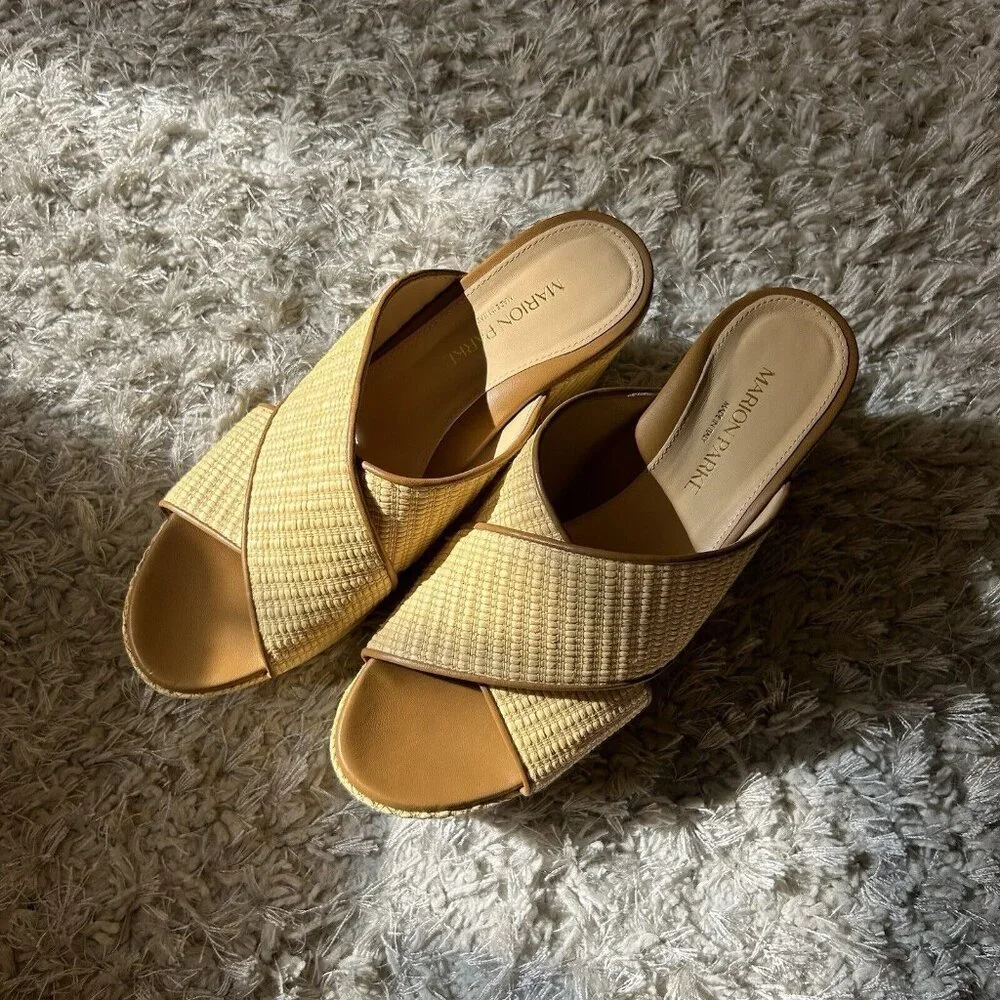 MARION PARKE Yellow Woven Crisscross Wedge Sandals